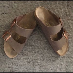Birkenstock brown leather rose gold buckle